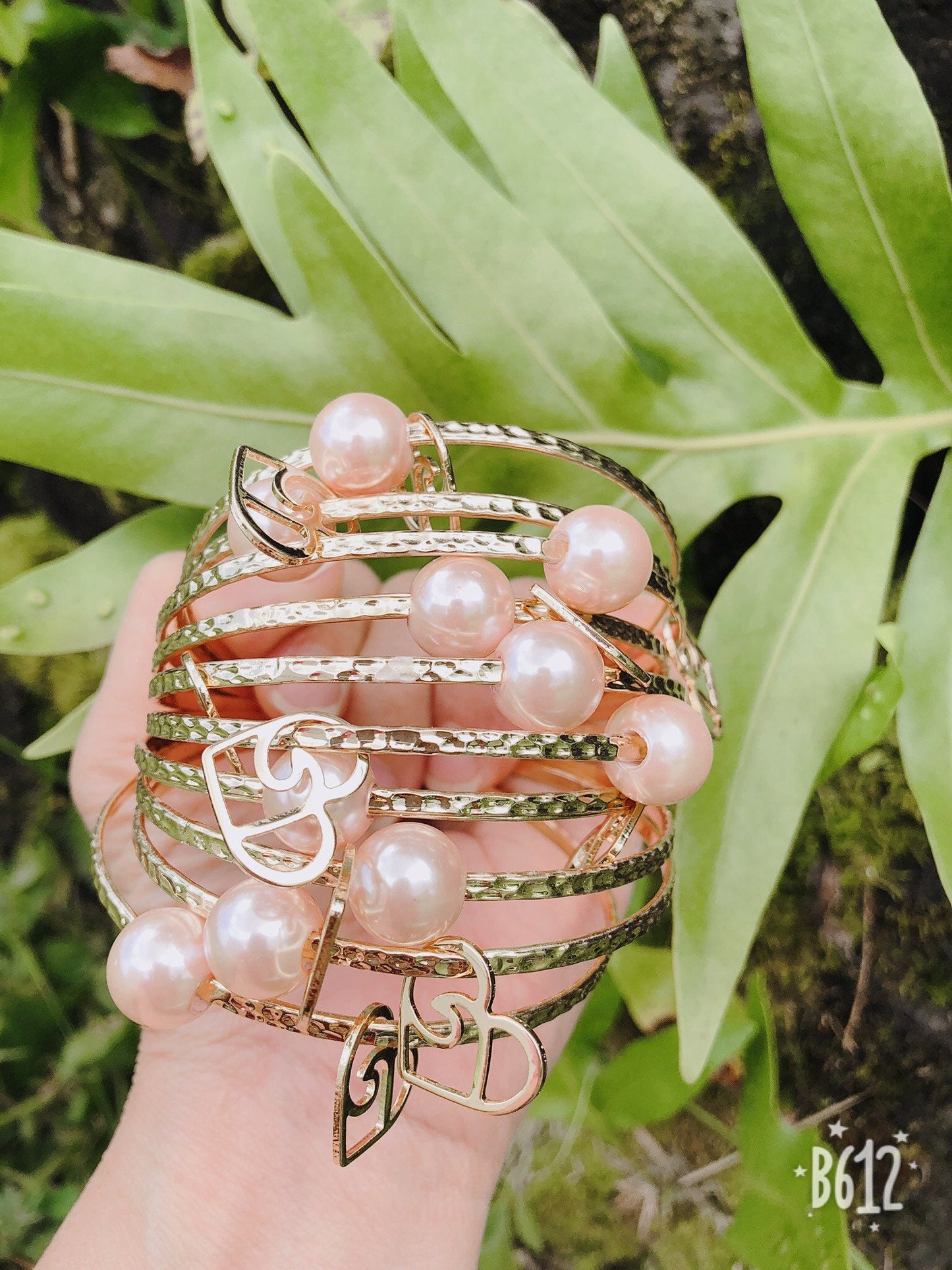 Straight Bangle with Heart Wave Charm and Pink Shell Pearl Add on Charm Plumeria Pineapple Tiare Monstera Leaf