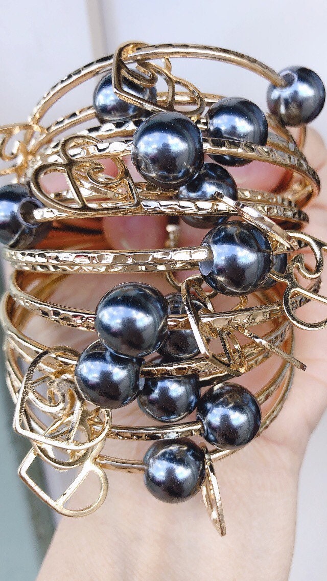 Straight Bangle with Heart Wave Charm and Black Shell Pearl Add on Charm Plumeria Pineapple Tiare Monstera Leaf