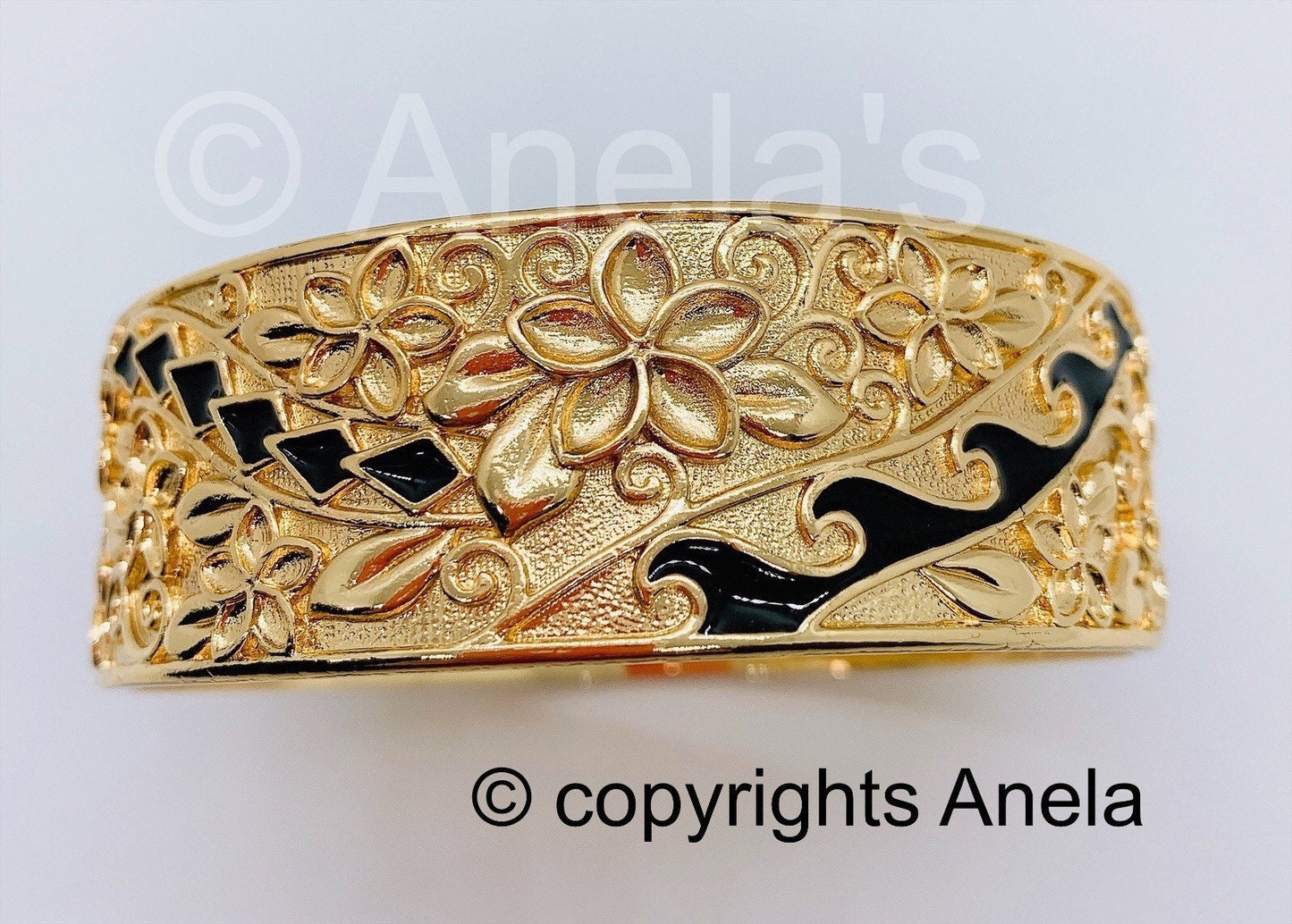 25MM Hawaiian Hamilton Gold Bracelet Earrings Necklace Ring Black Enameled with Hawaiian Plumeria Flowers and Wave