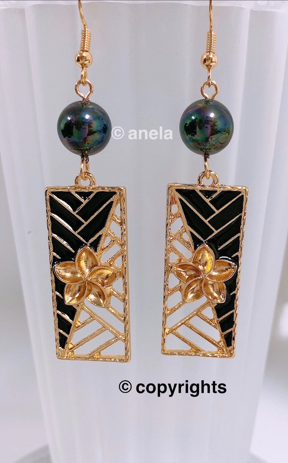 Tribal Hawaiian Plumeria flower: Hamilton Gold Earring with new rainbow Shell Pearls