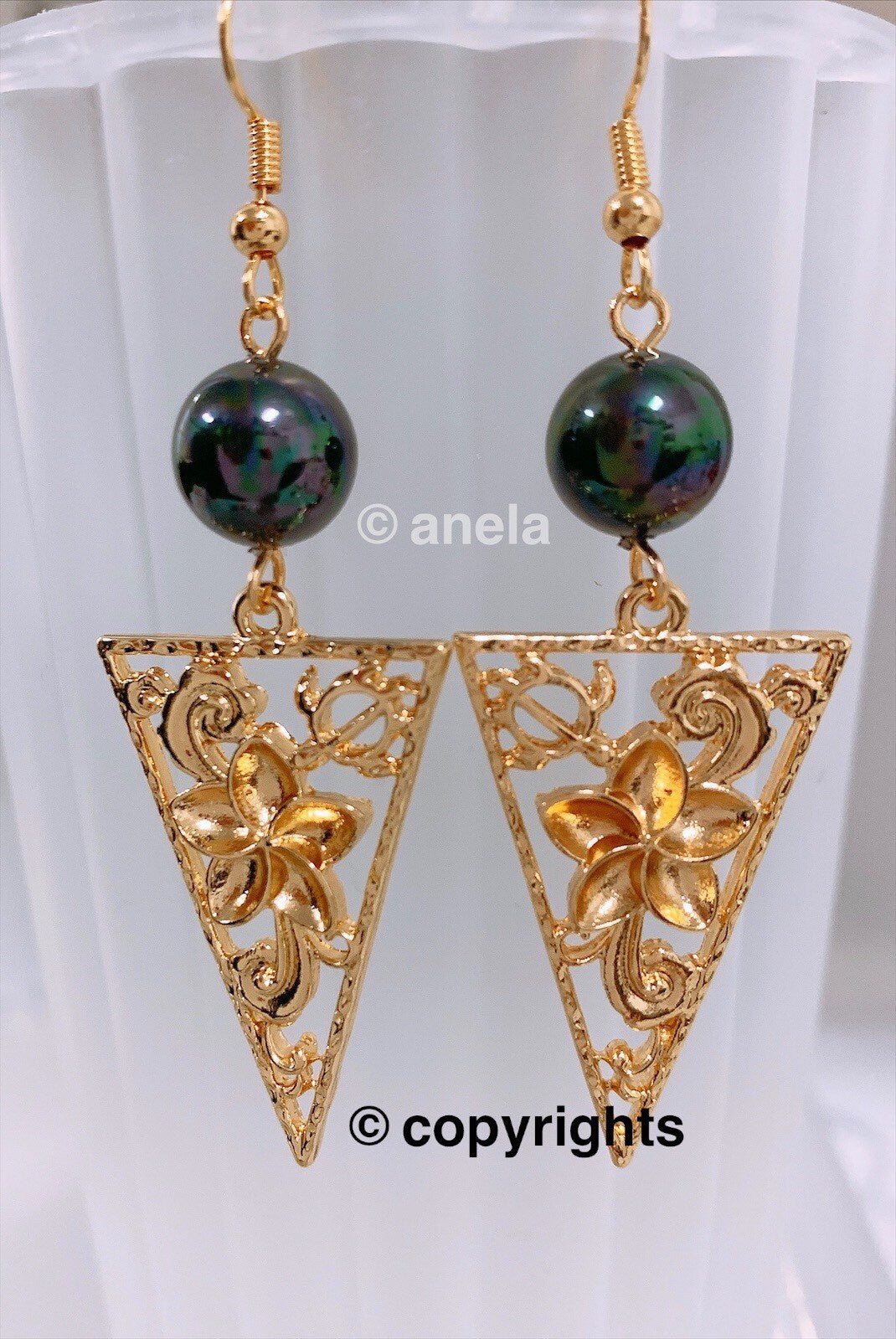 Hawaiian Plumeria Flowers and Honu : Hamilton Gold Earring with Shell Pearls new color
