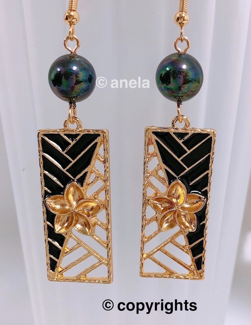 Tribal Hawaiian Plumeria flower: Hamilton Gold Earring with new rainbow Shell Pearls