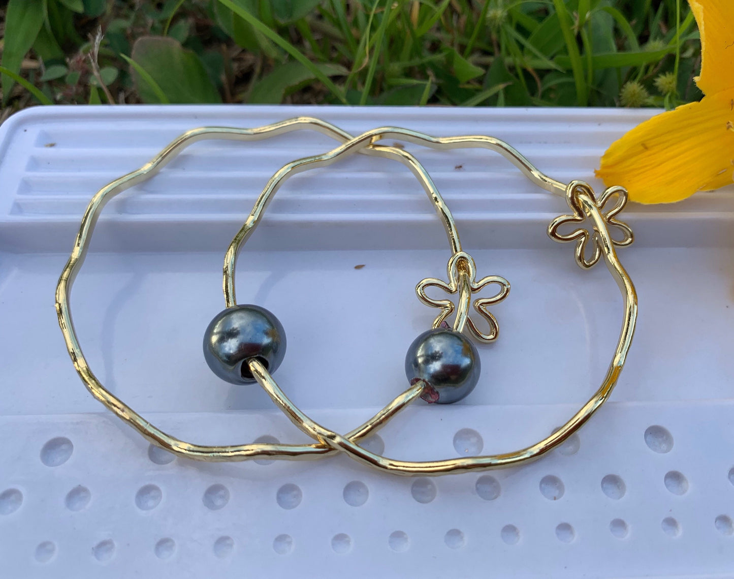 Wavy Bangle with Flower Charm and Gray Black Shell Pearl Add on Charm Plumeria Pineapple Tiare Monstera Leaf