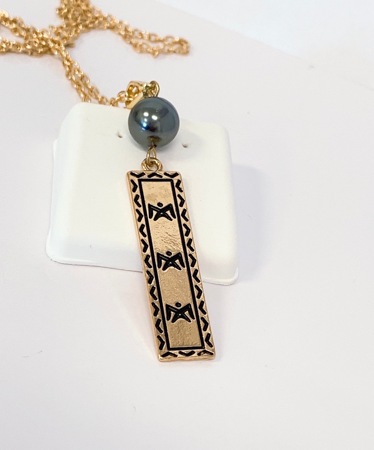 Tribal Black Iwa Bird Tattoo Rectangle: Hamilton Gold Earring with Shell Pearls