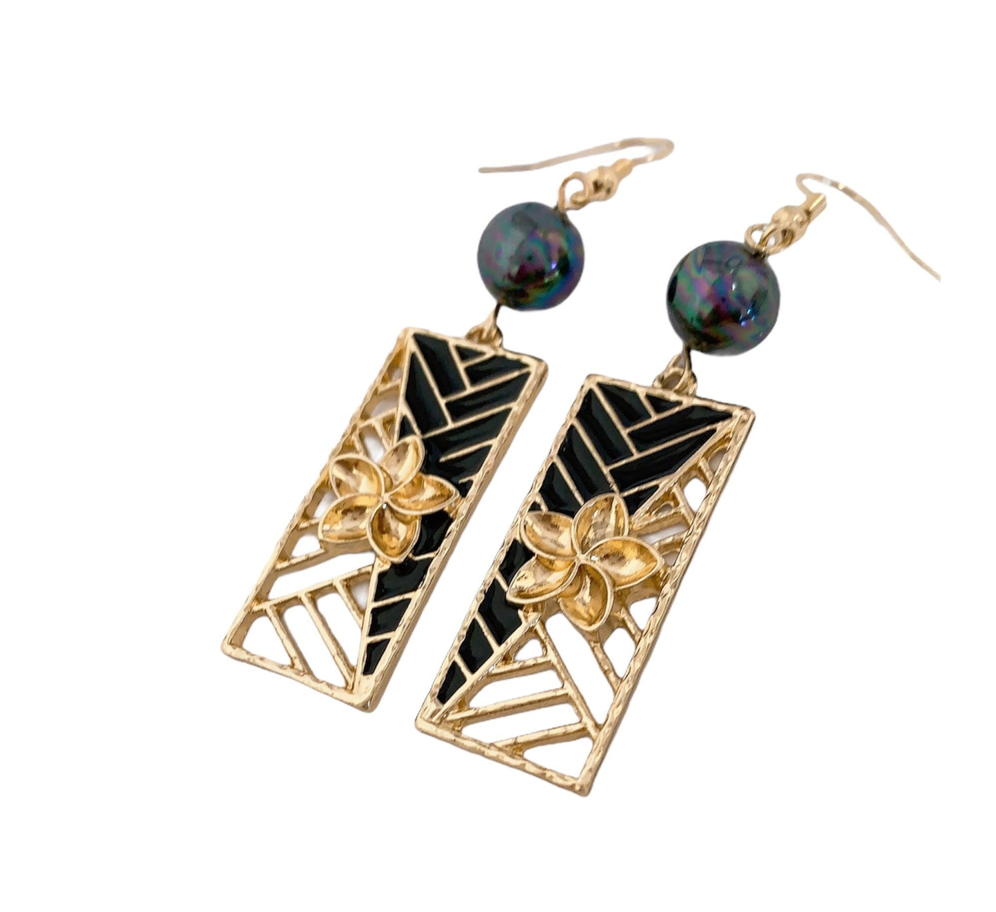 Tribal Hawaiian Plumeria flower: Hamilton Gold Earring with new rainbow Shell Pearls