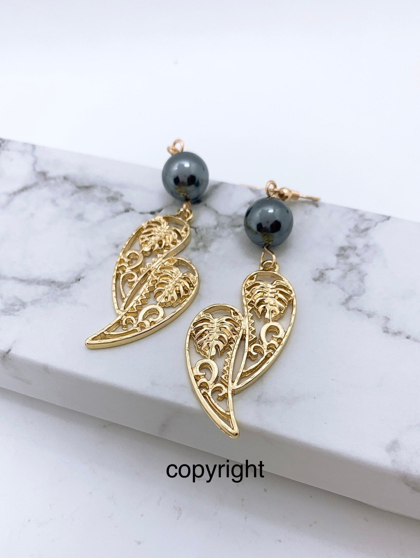 Hawaiian Monstera Leaf Angel Wings Design: Hamilton Gold Earring with Shell Pearls