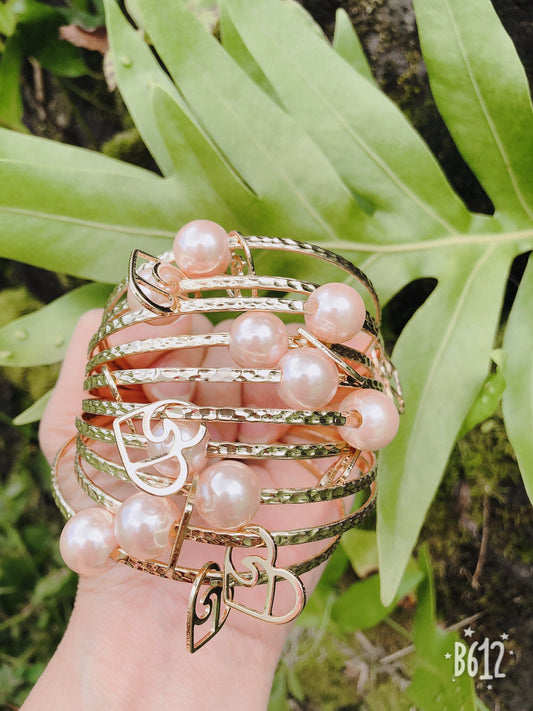 Straight Bangle with Heart Wave Charm and  Pink Shell Pearl