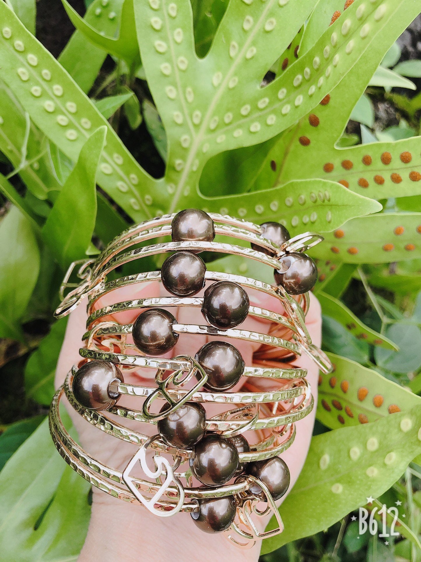 Straight Bangle with Heart Wave Charm and  Brown Shell Pearl Add on Charm Plumeria Pineapple Tiare Monstera Leaf