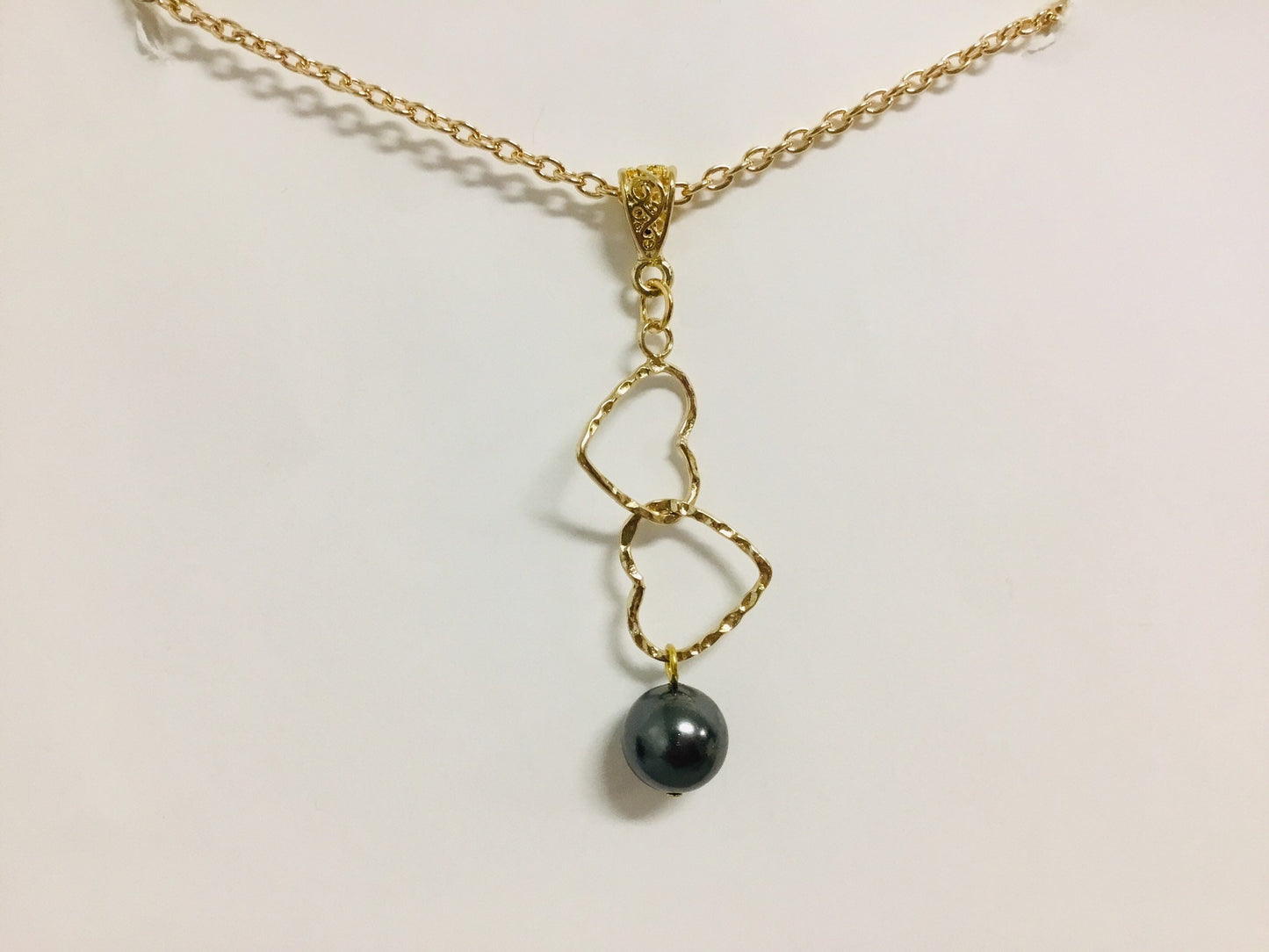 Double Heart : Hamilton Gold Necklace with New Black Greenish Shell Pearls