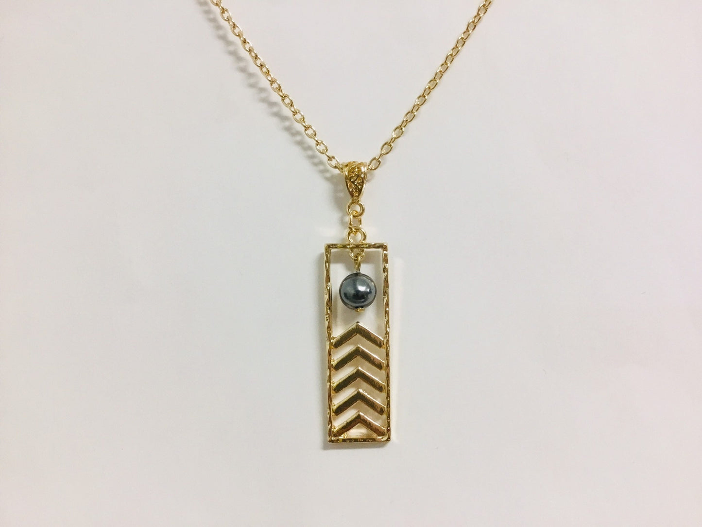 Hawaiian Tribal Rectangle Design : Hamilton Gold Necklace with Shell Pearls