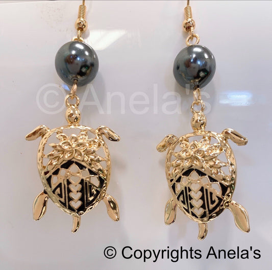 Hawaiian Honu tribal: Hamilton Gold Earring with  Shell Pearls