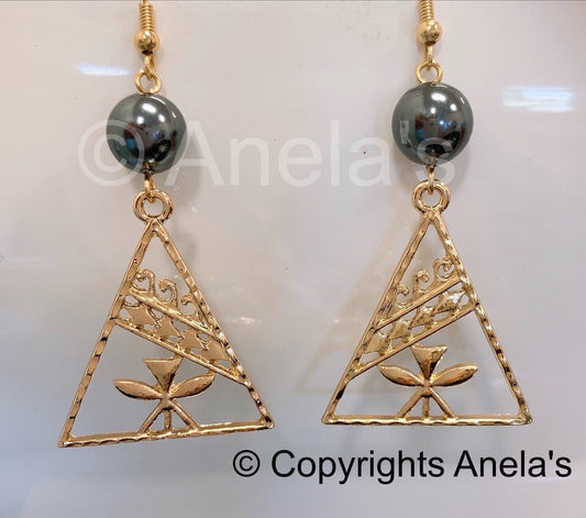 Hawaiian Design: Hamilton Gold Kahili  Earring with  Shell Pearls Mauna Kea Earrings