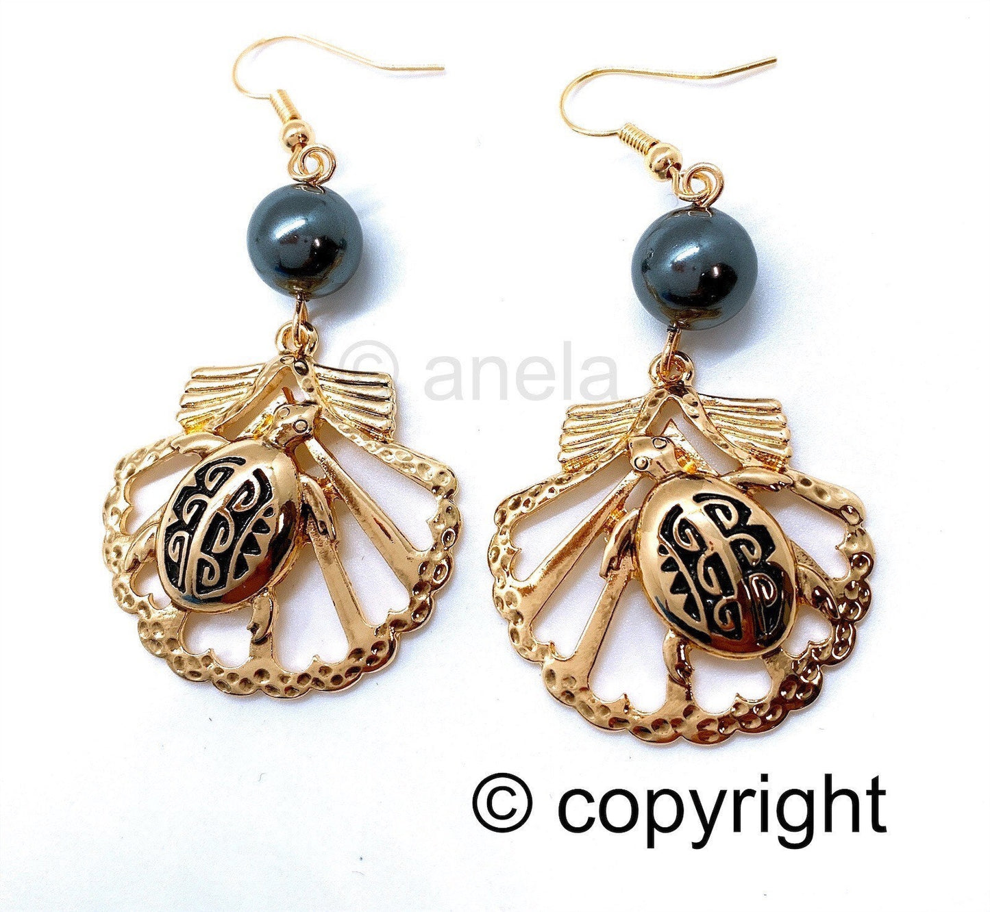 Hawaiian Sunrise Shell with Turtle:Hamilton Gold Earring with  Shell Pearls