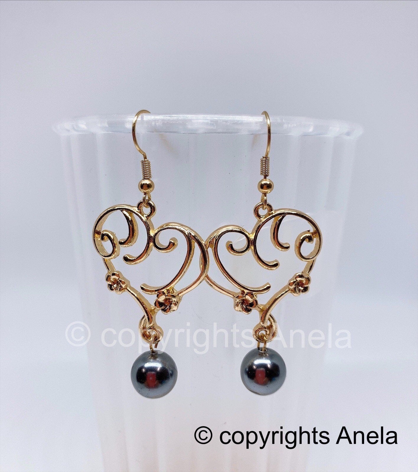 Heart Wave with Plumeria Flowers: Hamilton Gold Earring with New Black Greenish Shell Pearls