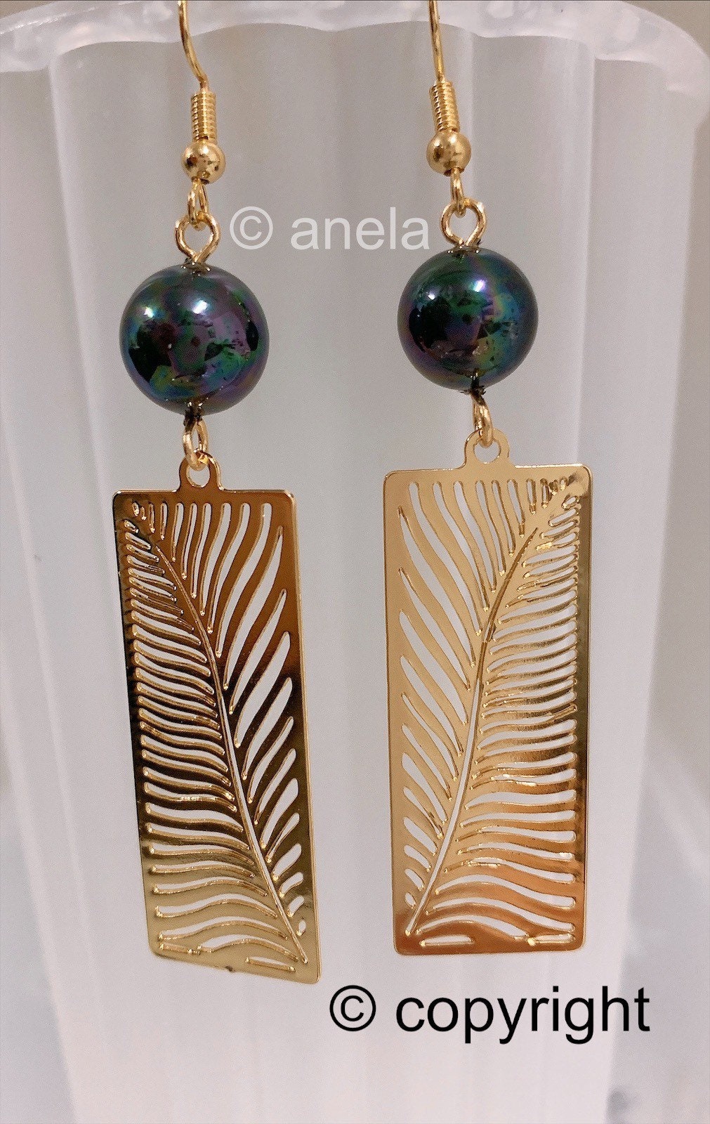 Tropical Palm Frond Leafs: Hamilton Gold Earring with  Shell Pearls new Black greenish color pearls