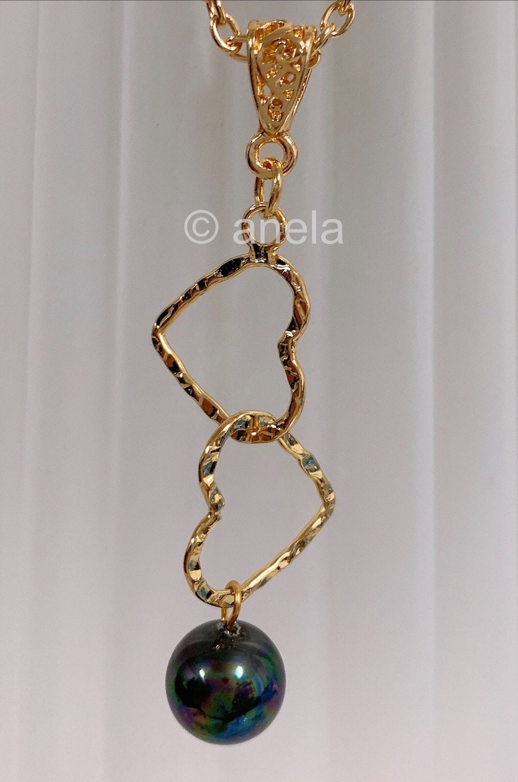 Double Heart : Hamilton Gold Necklace with New Black Greenish Shell Pearls