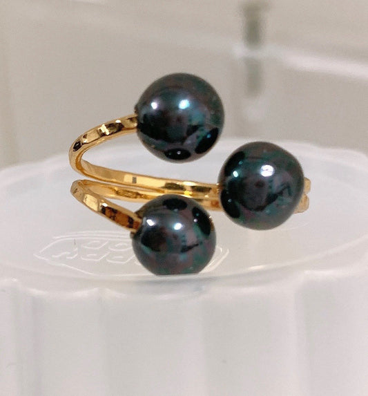 Hawaiian Hamilton Gold Double Triple Pearl ring with new pearl color black