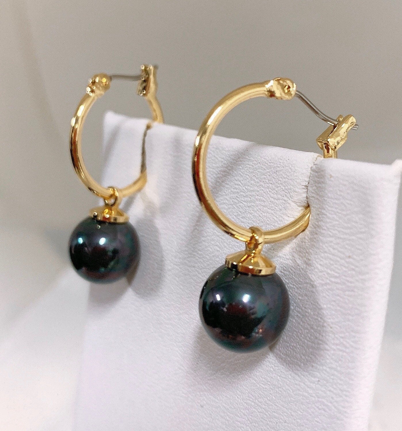 Hoop Stud Earrings: Hamilton Gold Earring with new Black greenish Shell Pearls