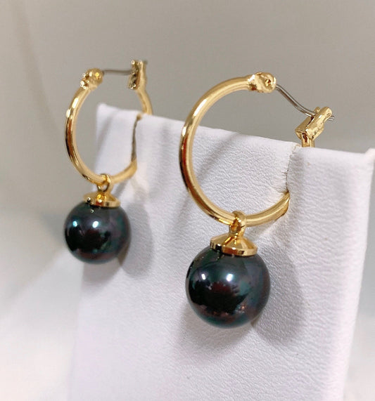 Hoop Stud Earrings: Hamilton Gold Earring with new Black greenish Shell Pearls