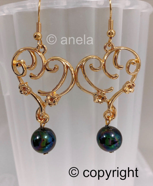 Heart Wave with Plumeria Flowers: Hamilton Gold Earring with New Black Greenish Shell Pearls