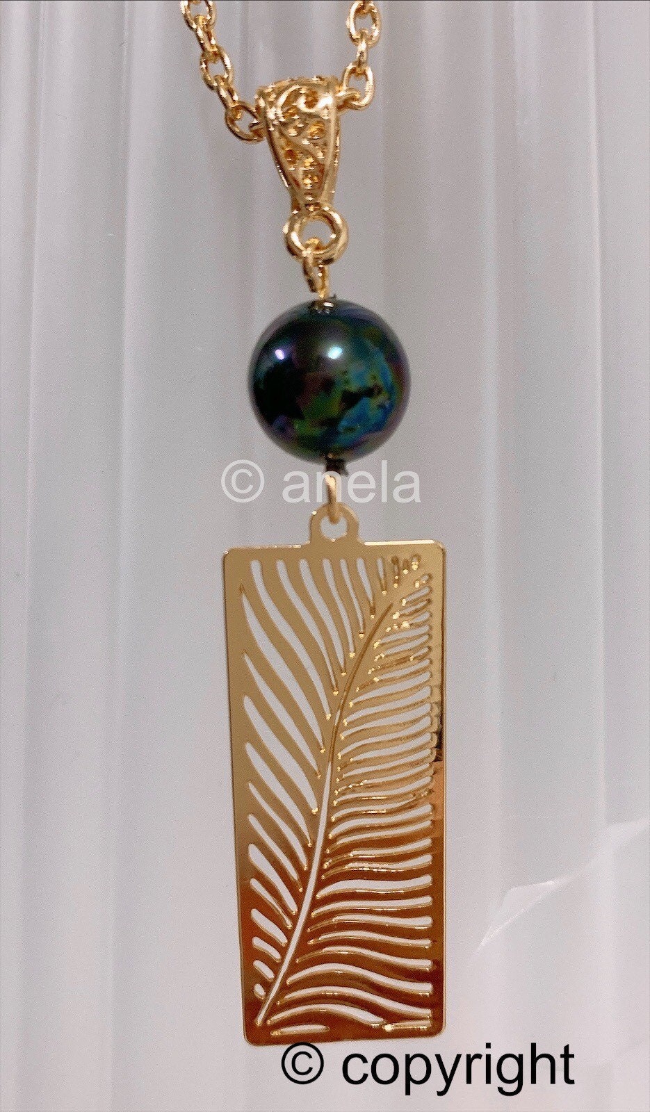 Tropical Palm Frond Leafs: Hamilton Gold Earring with  Shell Pearls new Black greenish color pearls