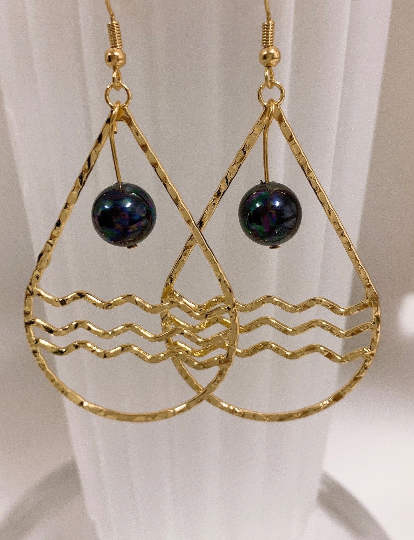 Teardrop Calm Ocean: Hamilton Gold Earring with  New Peacock Black Shell Pearls