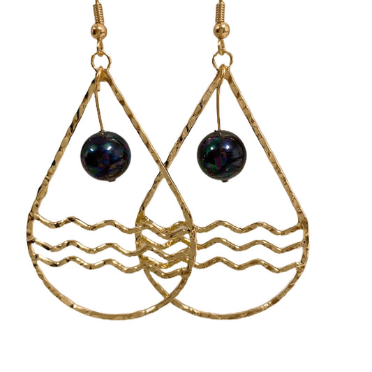 Teardrop Calm Ocean: Hamilton Gold Earring with  New Peacock Black Shell Pearls