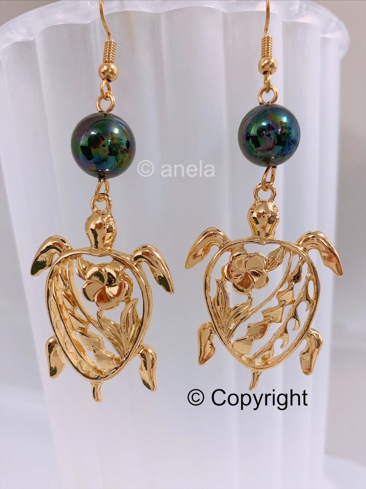 Hawaiian Plumeria Honu Turtle Tribal : Hamilton Gold Earring with Shell Pearls