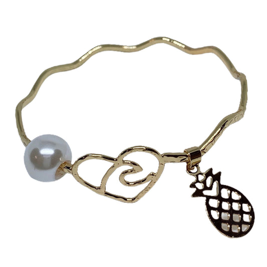 Heart Wave Wavy Bangle with Pineapple Charm and New White Shell Pearl