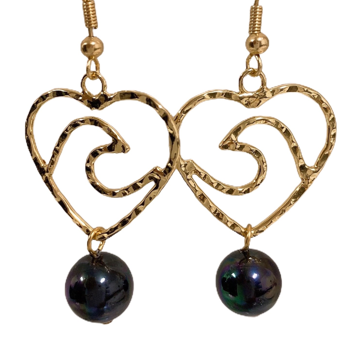 Heart Wave Small: Hamilton Gold Earring with  peacock black Shell Pearls