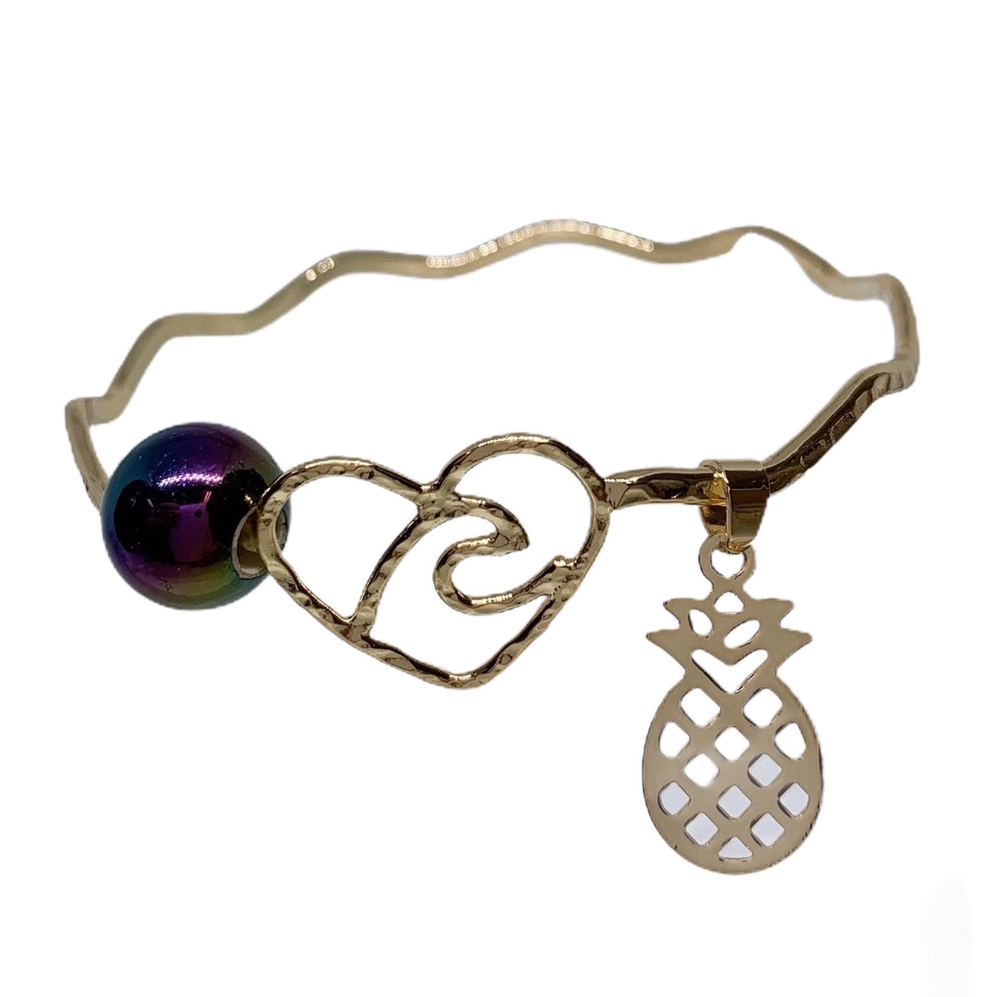 Heart Wave Wavy Bangle with Pineapple Charm and New Rainbow Shell Pearl