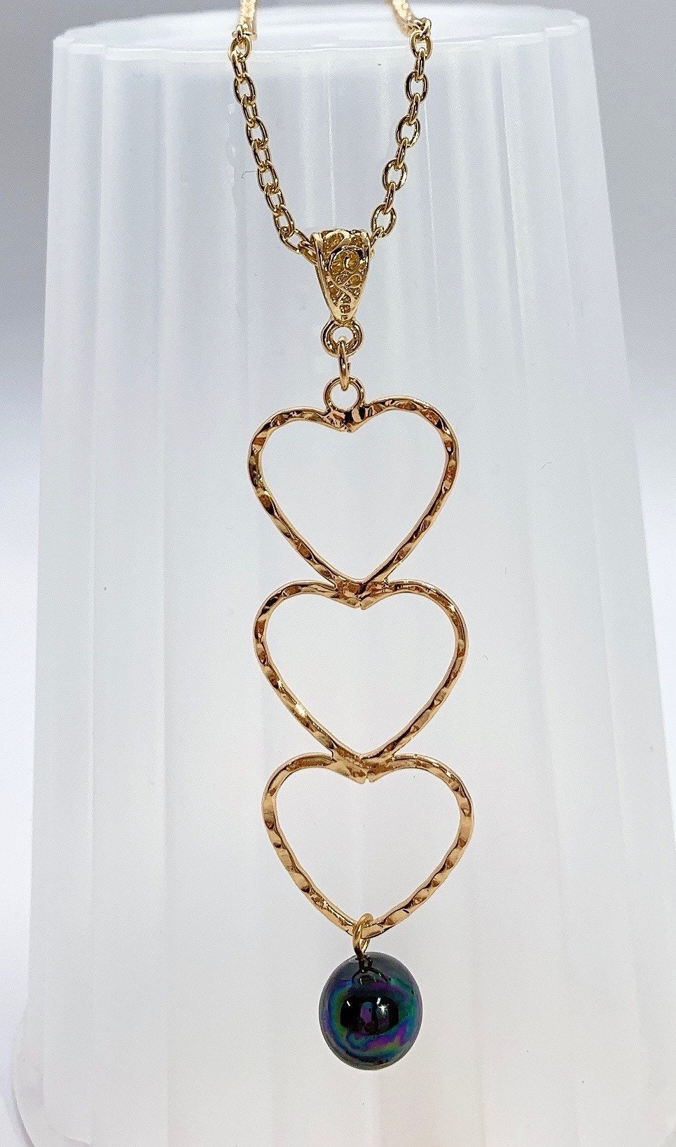 Triple Love Heart : Hamilton Gold Necklace with Rainbow Shell Pearls