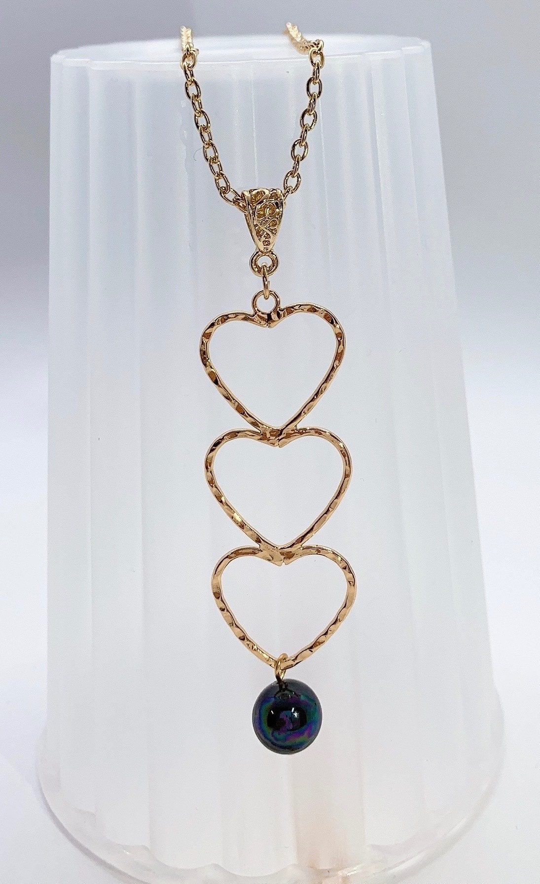 Triple Love Heart : Hamilton Gold Necklace with Rainbow Shell Pearls