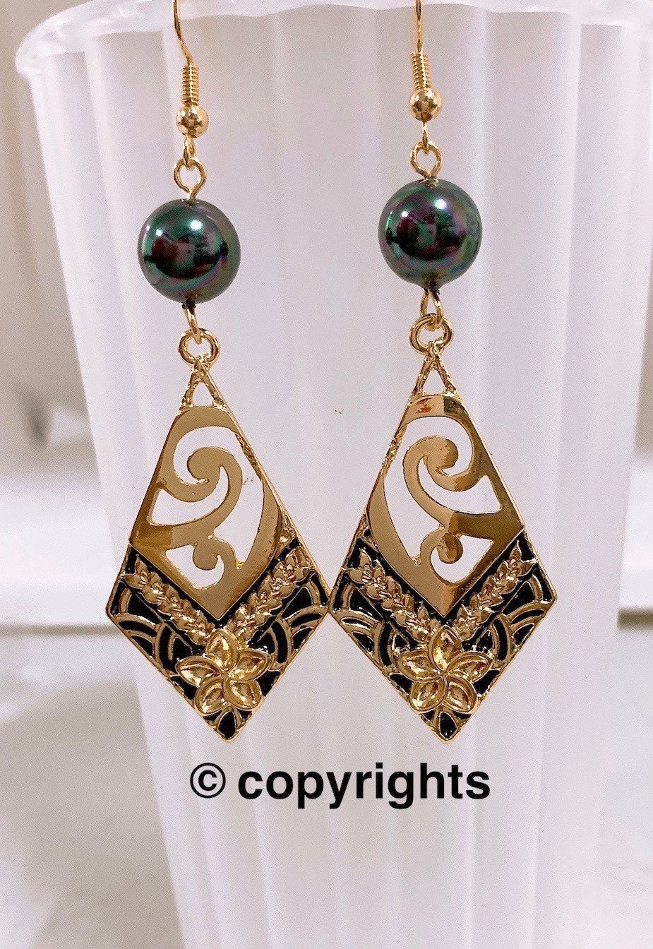 Tribal Wave and Plumeria Flower : Hamilton Gold Earring with  Shell Pearls