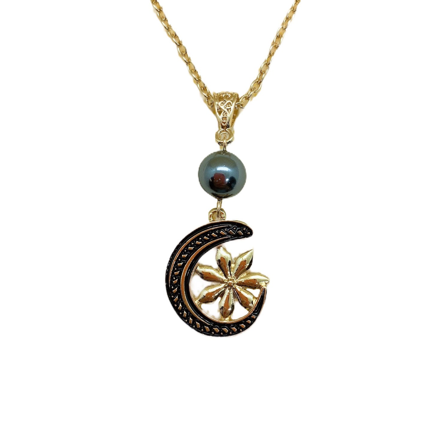 Hawaiian Tribal Design Tropical Tiare Flower : Hamilton Gold Necklace with Shell Pearls