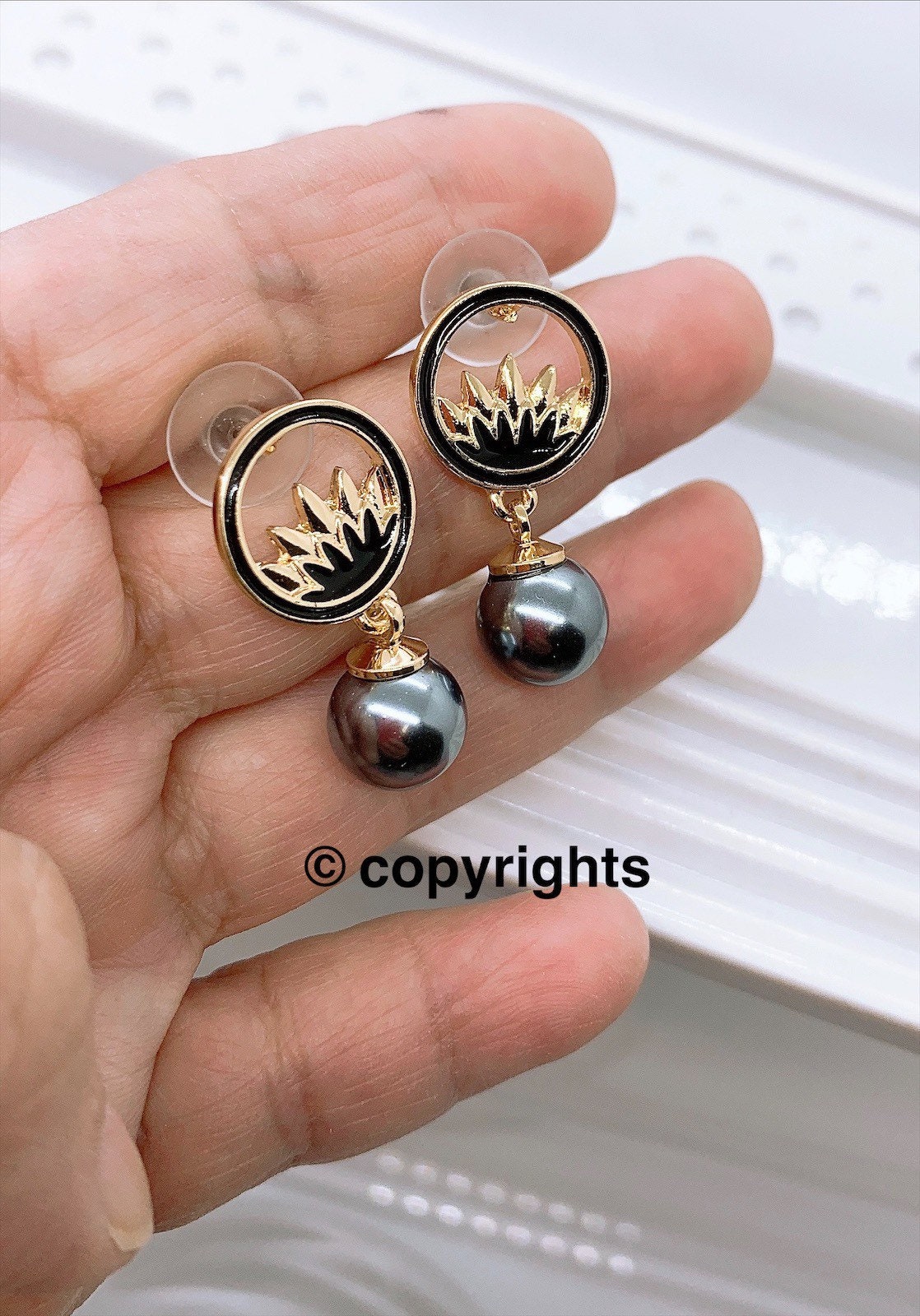 Stud Earrings: Hamilton Gold Earring with new Black greenish Shell Pearls