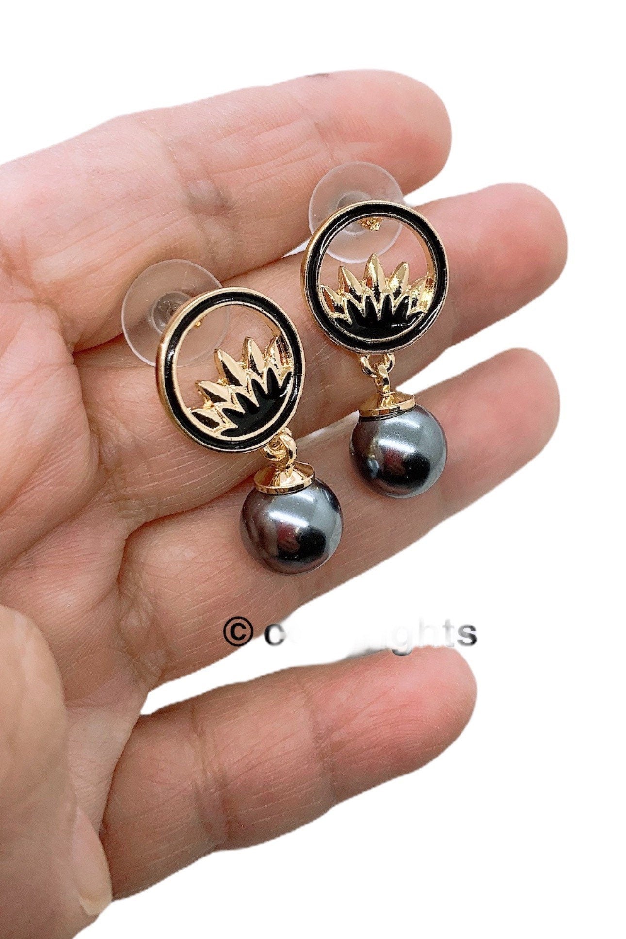 Stud Earrings: Hamilton Gold Earring with new Black greenish Shell Pearls