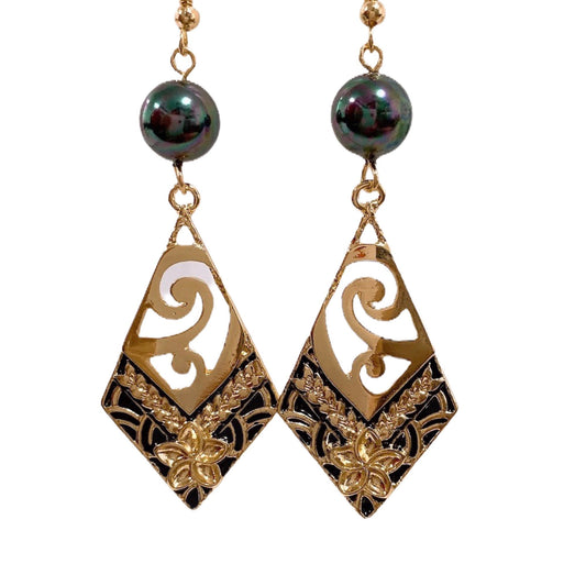 Tribal Wave and Plumeria Flower : Hamilton Gold Earring with  Shell Pearls