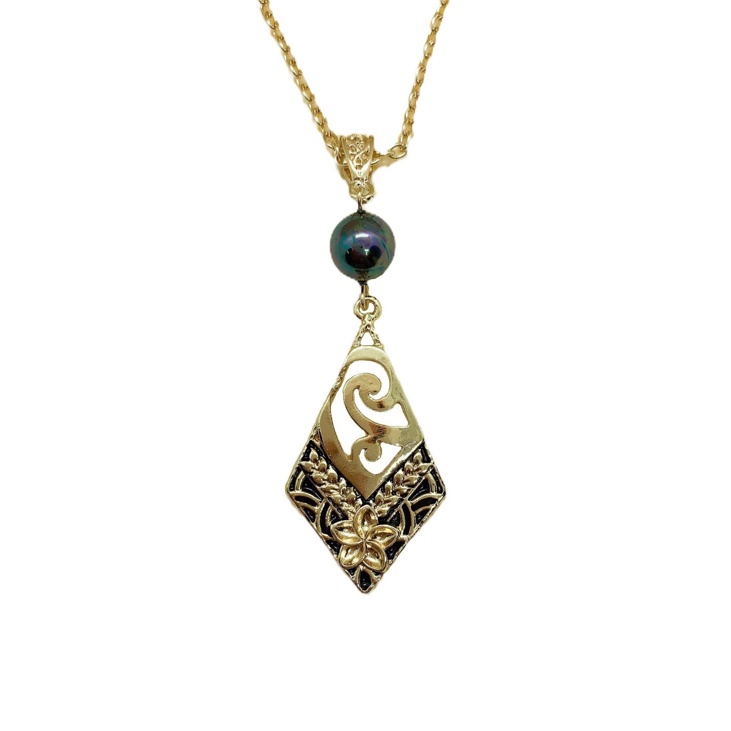 Tribal Wave and Plumeria Flower : Hamilton Gold Necklace with Shell Pearls