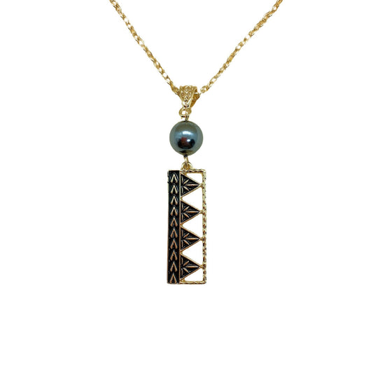 Tribal Rectangle Design: Hamilton Gold Necklace with Shell Pearls