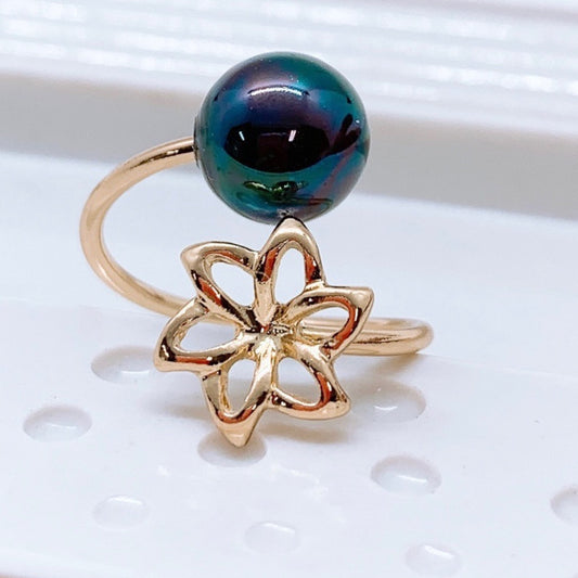 Hawaiian Hamilton Gold Double Plumeia Flower ring with new Peacock  black pearls