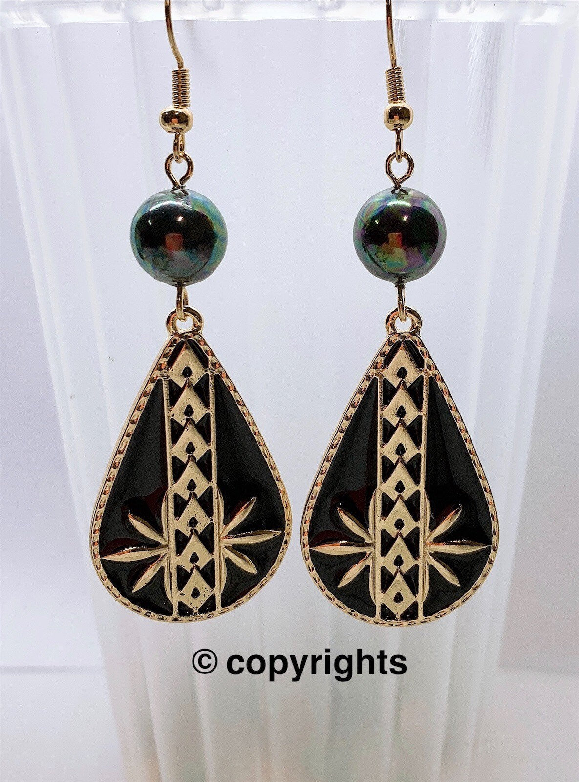 Tribal Black Enamel : Hamilton Gold Earring with Shell Pearls