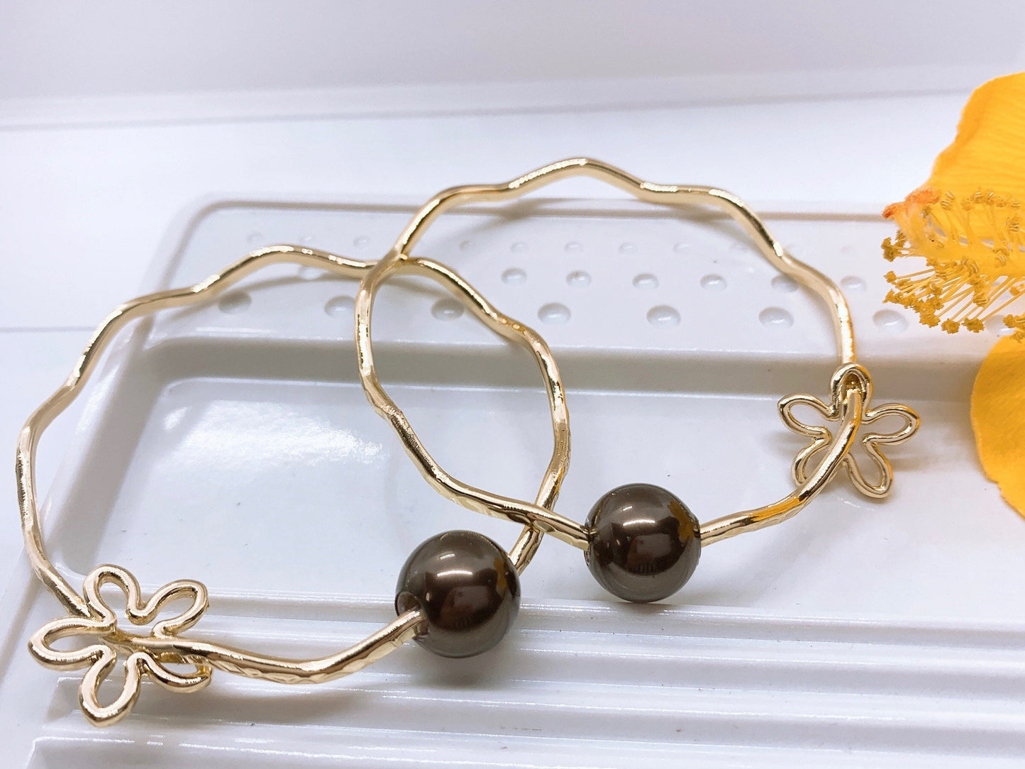 Wavy Bangle with Flower Charm and Brown Shell Pearl Add on Charm Plumeria Pineapple Tiare Monstera Leaf