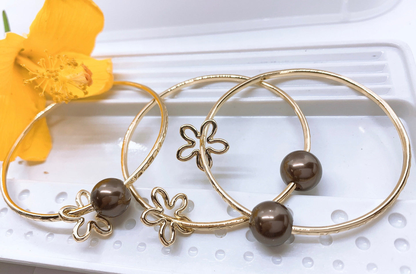 Straight Bangle with Flower Charm and Brown Shell Pearl Add on Charm Plumeria Pineapple Tiare Monstera Leaf