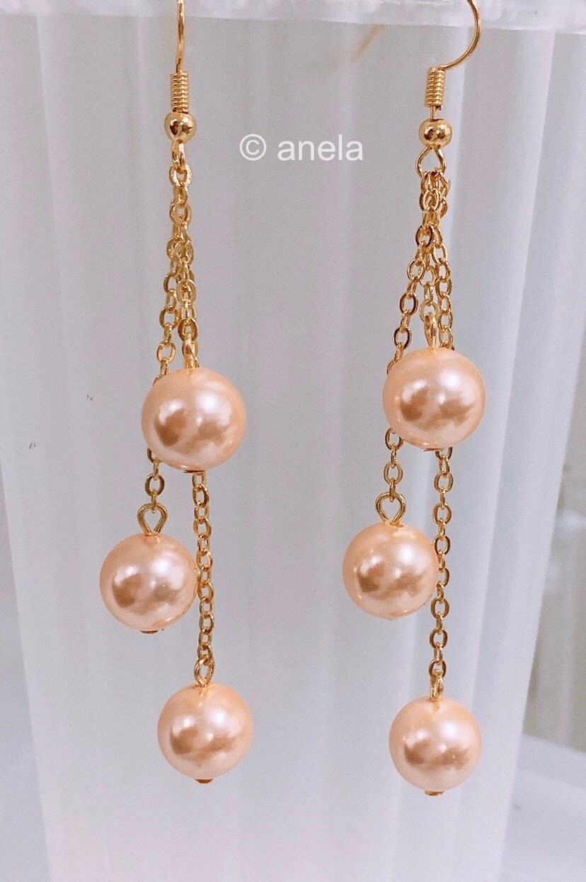 Triple drop: Hamilton Gold Earring with  Pink Shell Pearls