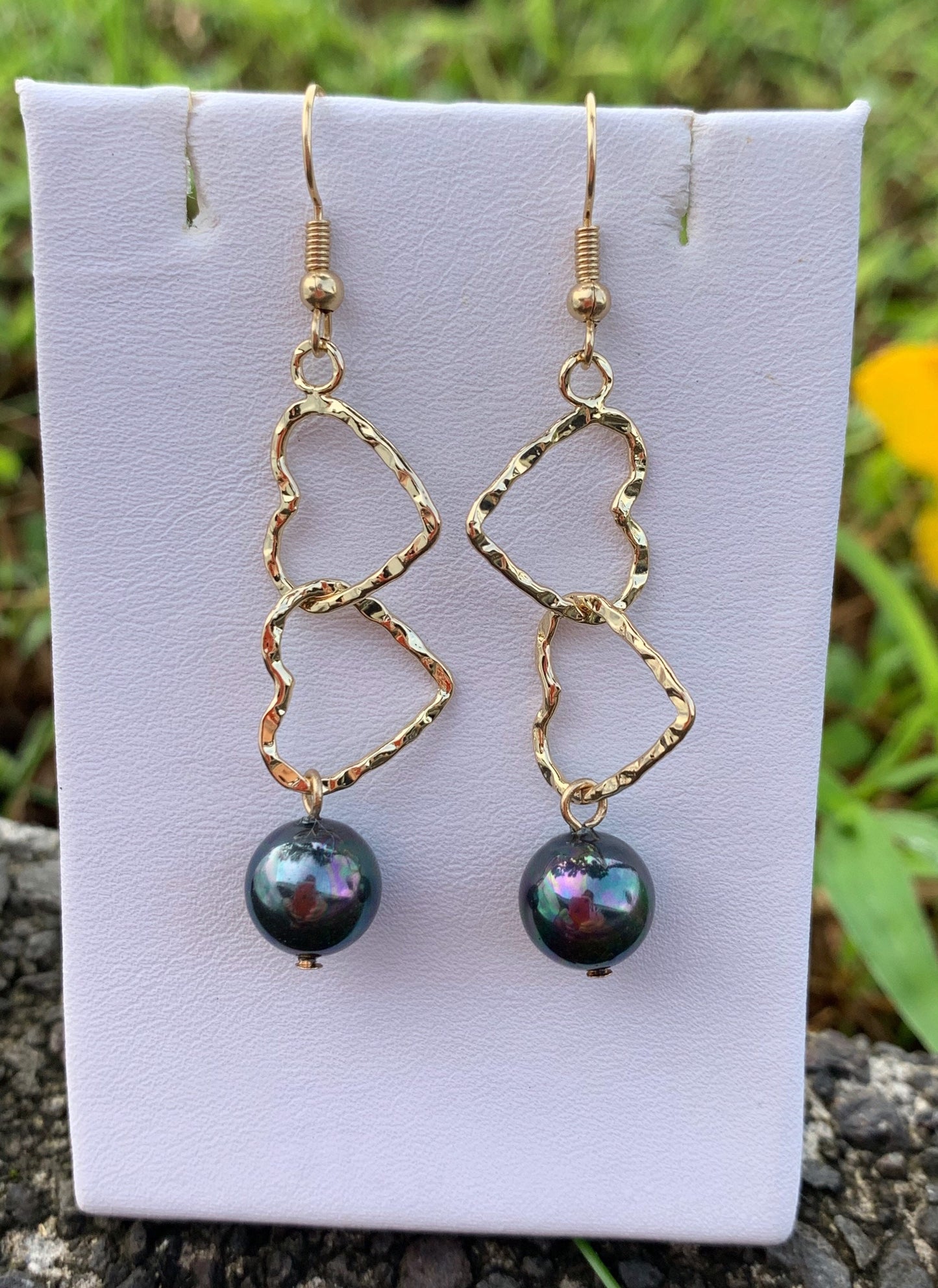 Double Heart: Hamilton Gold Earring with New Black Greenish Shell Pearls