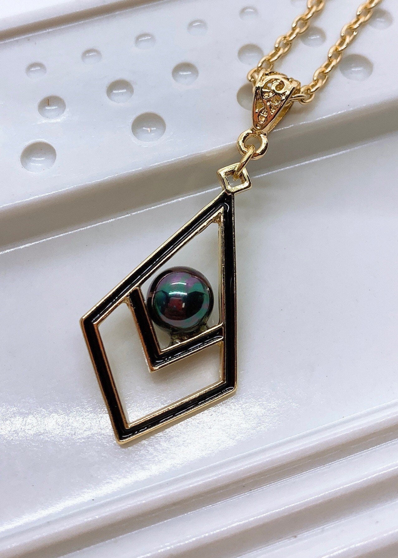 Black Enamel Tribal Diamond Shape : Hamilton Gold Earring with Peacock/Rainbow Shell Pearls