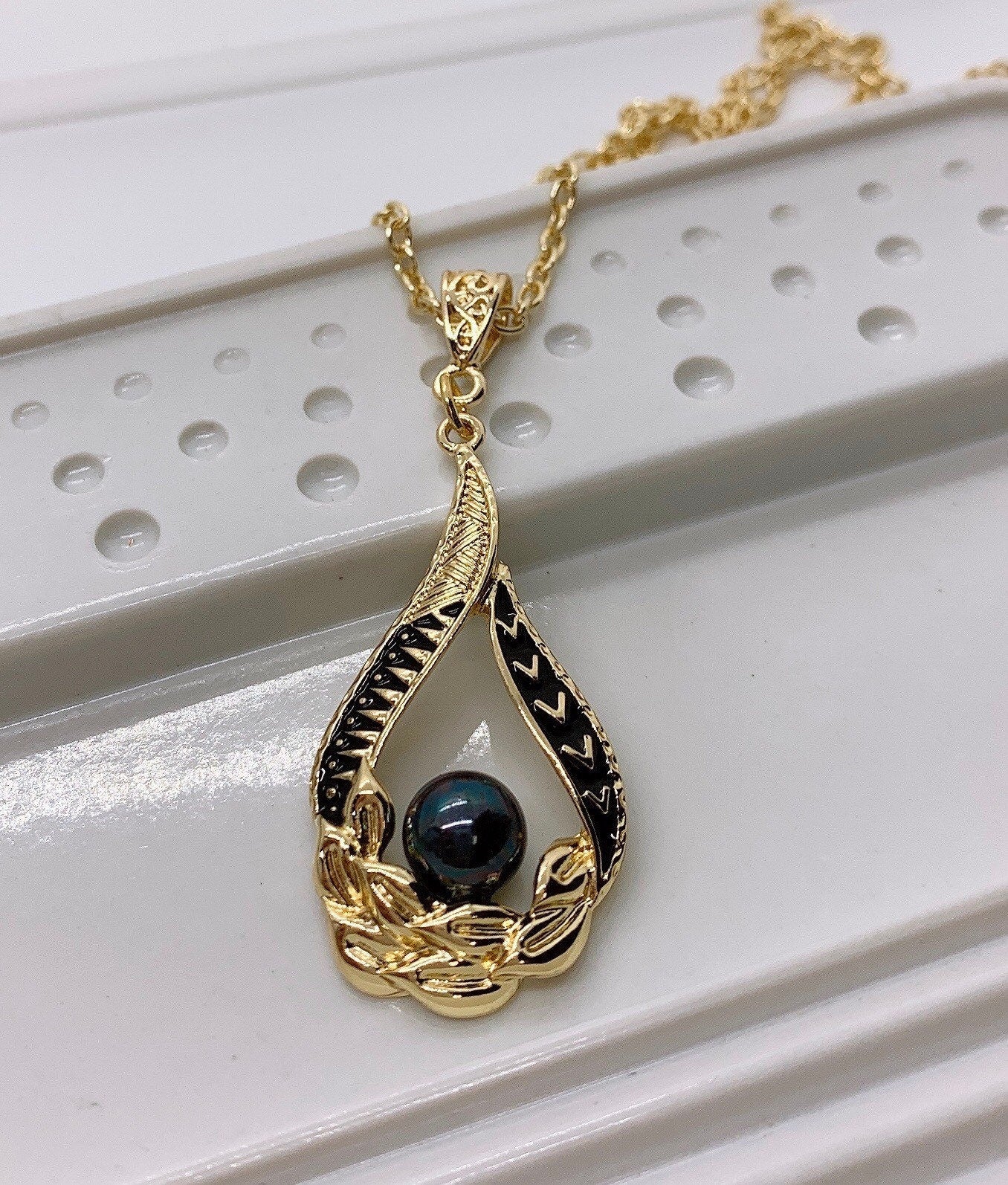 Tribal Teardrop : Hamilton Gold Earring with Peacock/Rainbow Shell Pearls