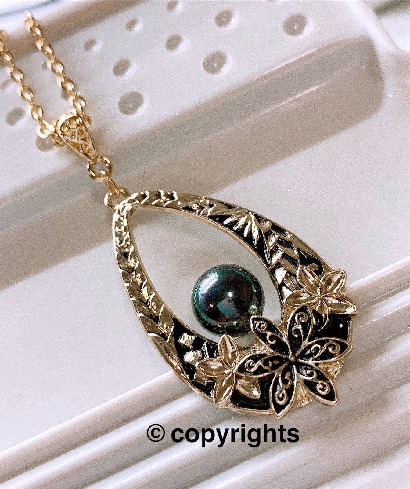 Hawaiian Black Enamel Tiare Plumeria Flowers Teardrop: Hamilton Gold Necklace with Shell Pearls