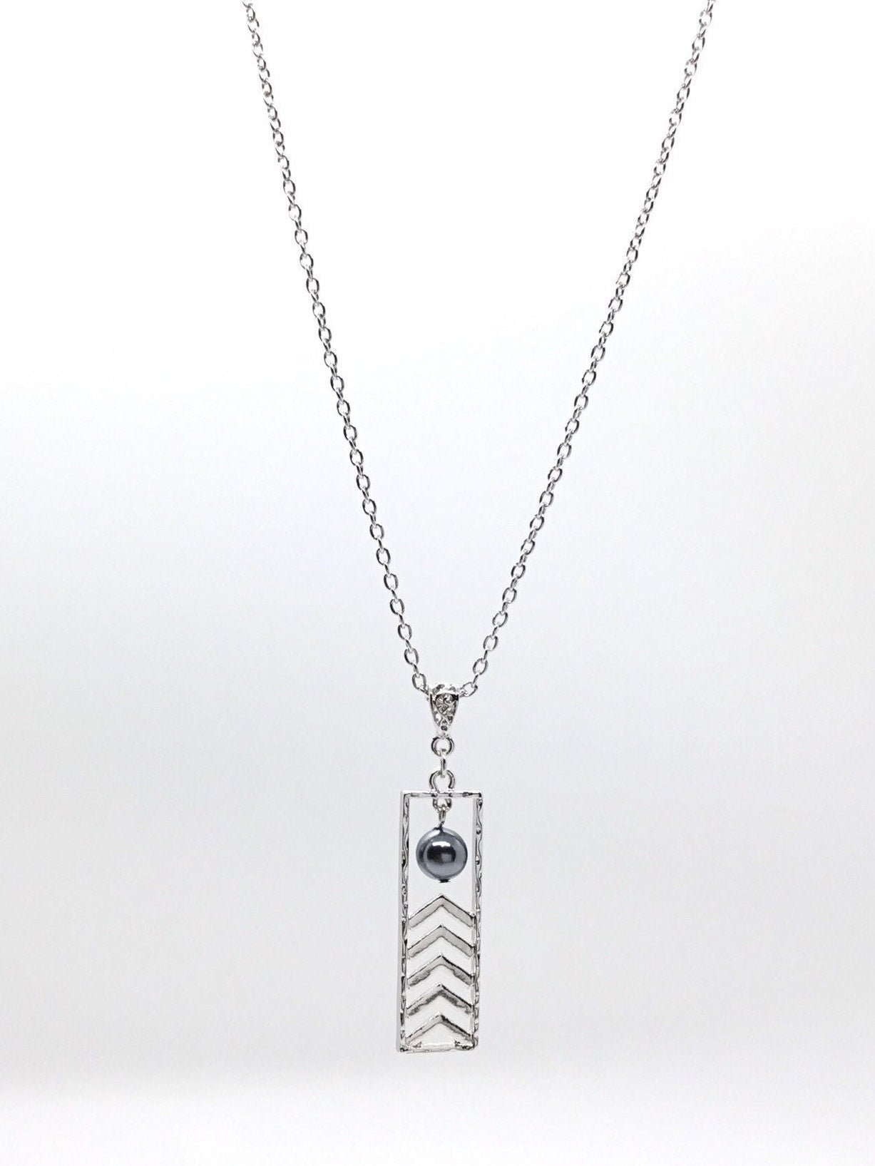 Hawaiian Tribal Rectangle Design : Hamilton Silver Necklace with Shell Pearls